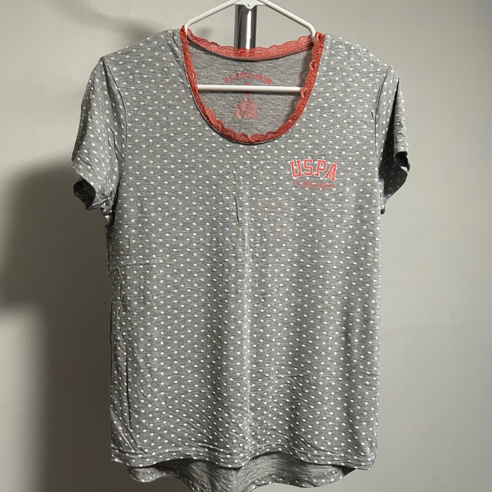 U.S. Polo Assn. Gray Polka Dot Tee with Red Trim